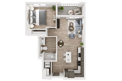 a stylized floor plan with a bedroom and a living room